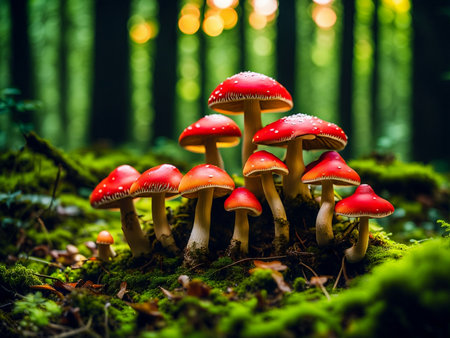 close up shot mushrooms in the forest grass autumnの素材