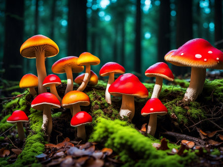 close up shot mushrooms in the forest grass autumnの素材