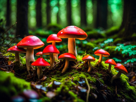 close up shot mushrooms in the forest grass autumnの素材