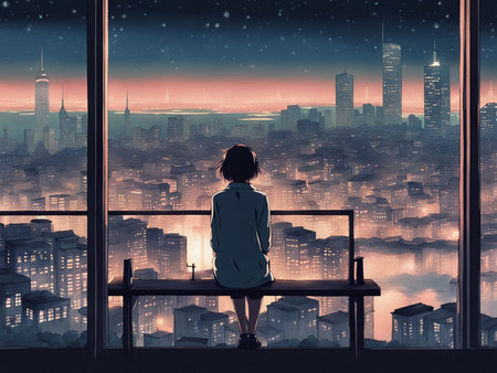 Nighttime reflections lofi manga wallpaper of a sad yet beautiful scene with cityscape - person in front of the cityの素材