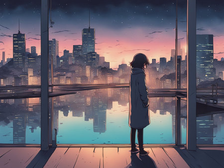 Nighttime reflections lofi manga wallpaper of a sad yet beautiful scene with cityscape - person in front of the cityの素材