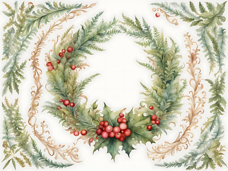 watercolor painting of a christmas wreath, wreath of ferns, elaborate floral ornament, decorative ornamentsの素材