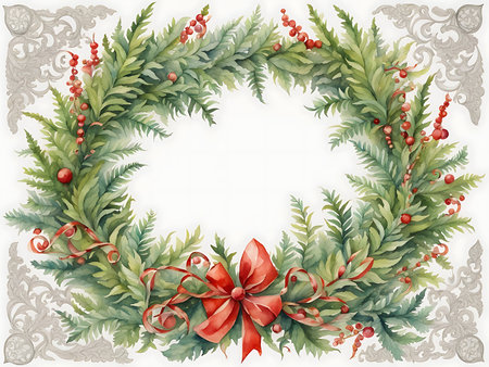 watercolor painting of a christmas wreath, wreath of ferns, elaborate floral ornament, decorative ornamentsの素材