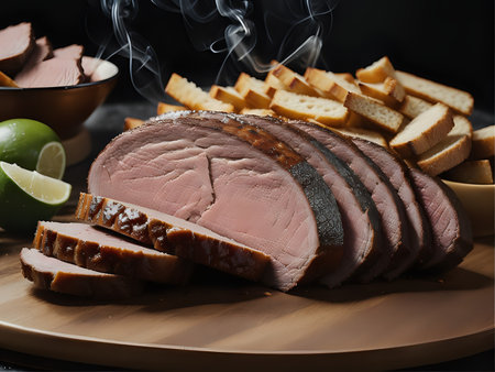 Montreal Smoked Meat delicately captured in a mouthwatering photograph, showcasing the succulent meat Generative AIの素材