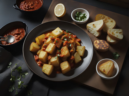 A high-resolution photograph capturing the vibrant colors and textures of a plate of Patatas Bravas Generative AIの素材