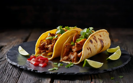 Capture the essence of Tacos Al Pastor in a mouthwatering food photography shotの素材