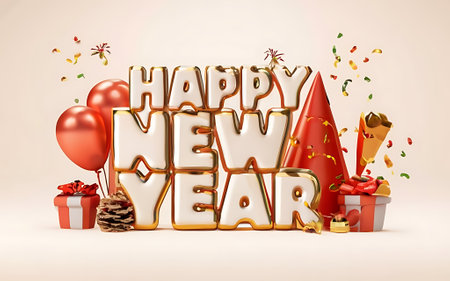 happy new year with clipart typography illustration 3d renderの素材