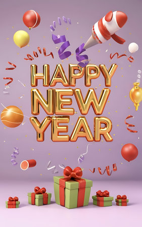 happy new year with clipart typography illustration 3d renderの素材