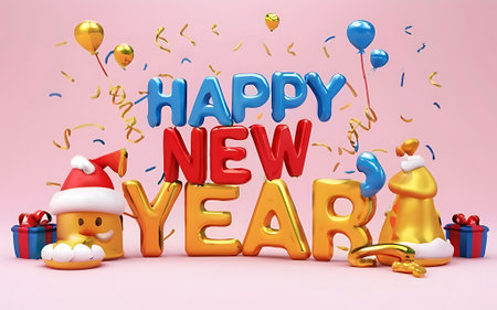 happy new year with clipart typography illustration 3d renderの素材