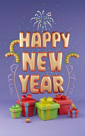 happy new year with clipart typography illustration 3d renderの素材