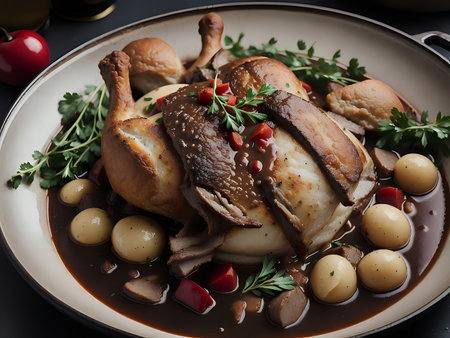 Capture the essence of Coq Au Vin in a mouthwatering food photography shotの素材
