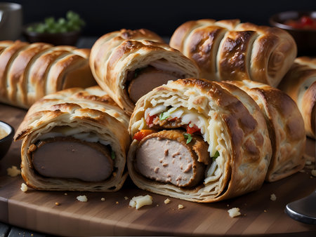 Capture the essence of Sausage Roll in a mouthwatering food photography shotの素材