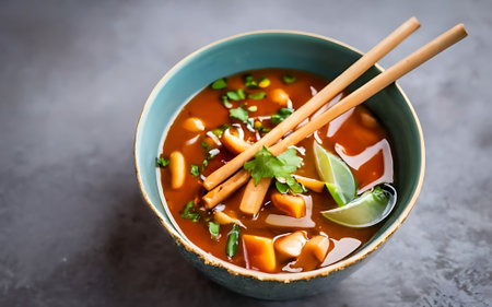 Capture the essence of Hot and Sour Soup in a mouthwatering food photography shotの素材