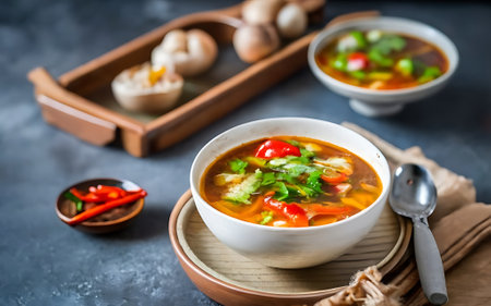 Capture the essence of Hot and Sour Soup in a mouthwatering food photography shotの素材