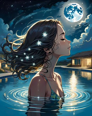 a woman floating in the water with her hair blowing in the wind,の素材