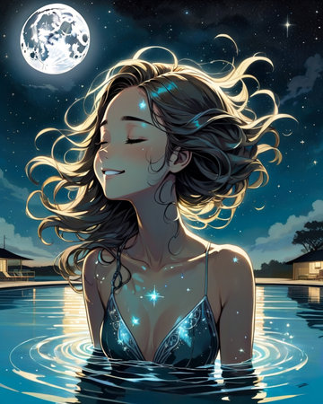 a woman floating in the water with her hair blowing in the wind,の素材