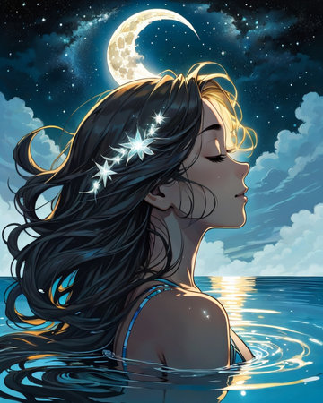 a woman floating in the water with her hair blowing in the wind,の素材