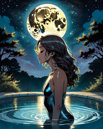 a woman floating in the water with her hair blowing in the wind,の素材