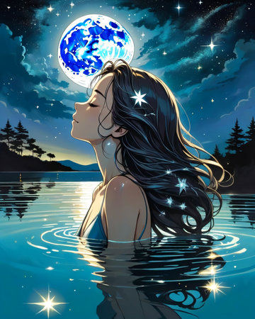 a woman floating in the water with her hair blowing in the wind,の素材