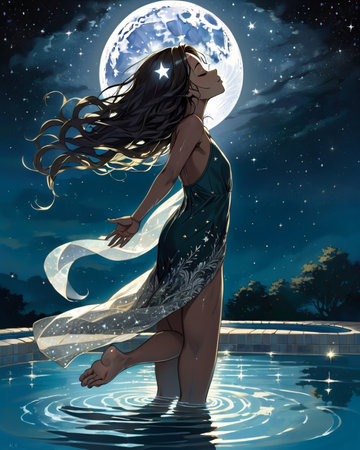 a woman floating in the water with her hair blowing in the wind,の素材