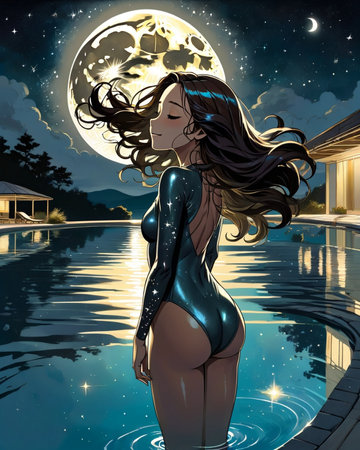 a woman floating in the water with her hair blowing in the wind,の素材