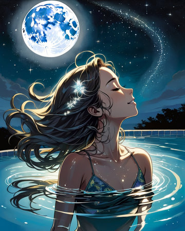 a woman floating in the water with her hair blowing in the wind,の素材