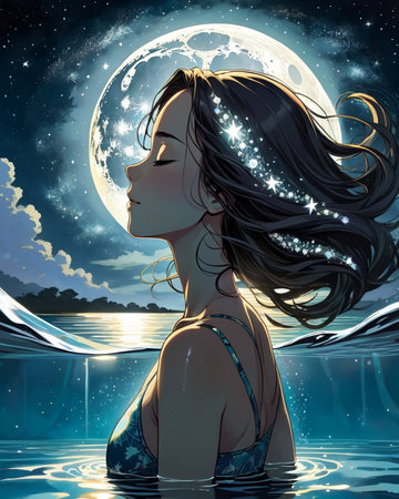 a woman floating in the water with her hair blowing in the wind,の素材