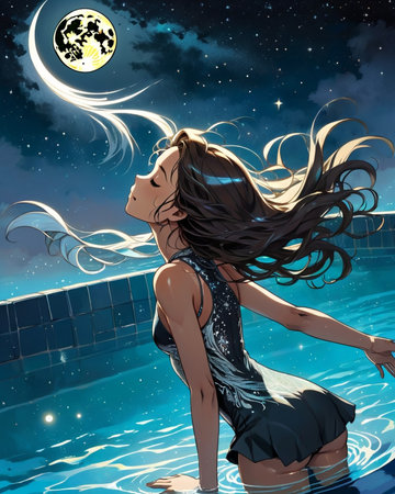 a woman floating in the water with her hair blowing in the wind,の素材