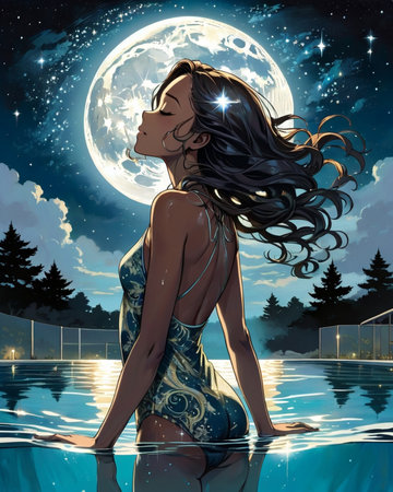 a woman floating in the water with her hair blowing in the wind,の素材