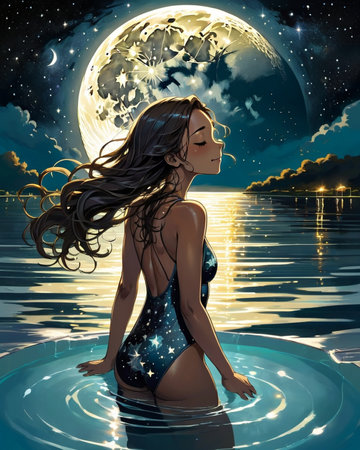 a woman floating in the water with her hair blowing in the wind,の素材