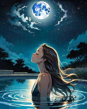 a woman floating in the water with her hair blowing in the wind,の素材