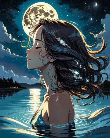 a woman floating in the water with her hair blowing in the wind,の素材