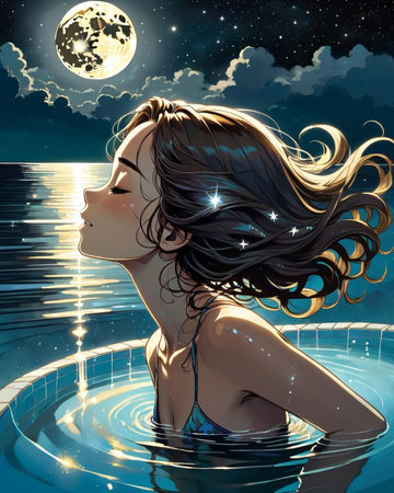 a woman floating in the water with her hair blowing in the wind,の素材
