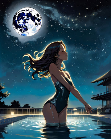 a woman floating in the water with her hair blowing in the wind,の素材