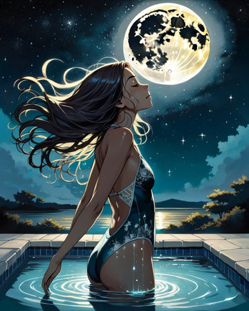 a woman floating in the water with her hair blowing in the wind,の素材
