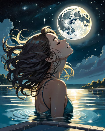 a woman floating in the water with her hair blowing in the wind,の素材