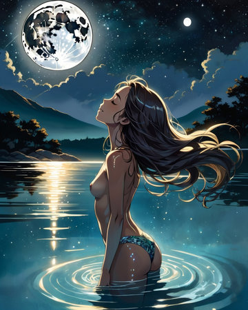 a woman floating in the water with her hair blowing in the wind,の素材