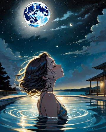 a woman floating in the water with her hair blowing in the wind,の素材