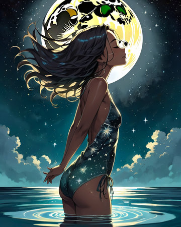 a woman floating in the water with her hair blowing in the wind,の素材