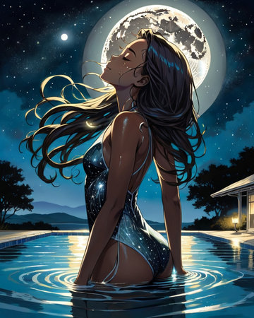 a woman floating in the water with her hair blowing in the wind,の素材