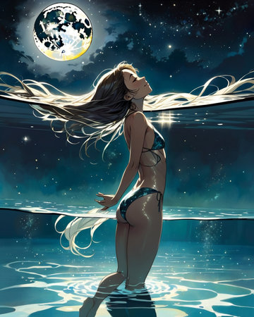 a woman floating in the water with her hair blowing in the wind,の素材
