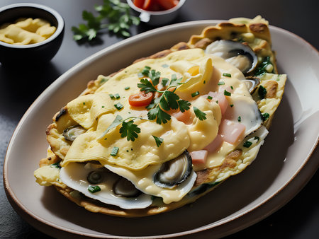 Capture the essence of Oyster Omelet in a mouthwatering food photography shotの素材
