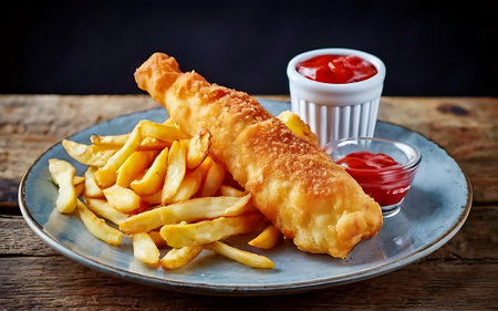 Capture the essence of Fish and Chips in a mouthwatering food photography shotの素材