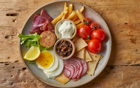 Capture the essence of Ploughman's Lunch in a mouthwatering food photography shotの素材