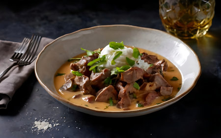 Capture the essence of Beef Stroganoff in a mouthwatering food photography shotの素材