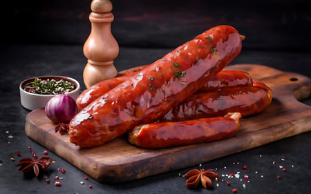 Capture the essence of Kielbasa- The Polish Sausage in a mouthwatering food photography shotの素材