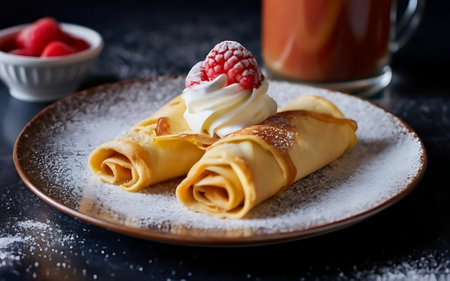 Capture the essence of Crepes in a mouthwatering food photography shotの素材