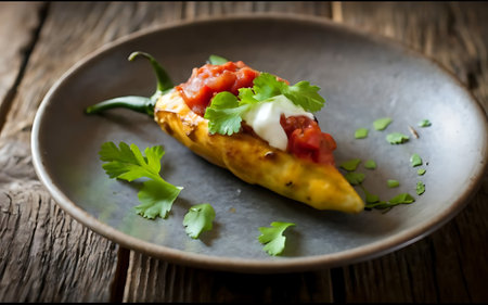 Capture the essence of Chile Relleno in a mouthwatering food photography shotの素材