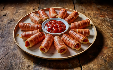 Capture the essence of Pigs in Blankets in a mouthwatering food photography shotの素材