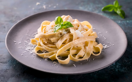 Capture the essence of Fettuccine Alfredo in a mouthwatering food photography shotの素材